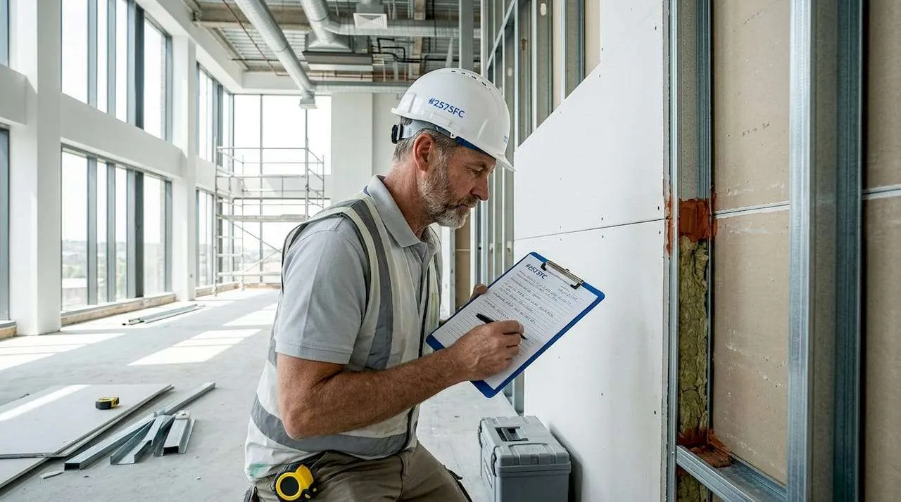 Construction worker inspecting fire-rated door and wall partition for code compliance