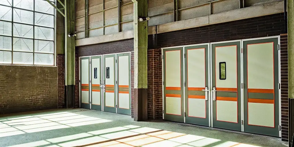 Commercial steel doors shown with different swing directions